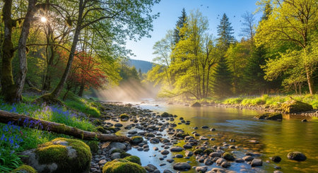 Sunlit river flowing through a lush green forest