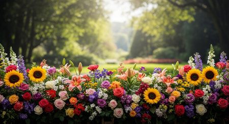 Bright floral arrangement featuring sunflowers in a lush gardenの写真素材