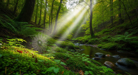 Sunlit Forest with Stream and Spiderweb: Nature's Serene Beauty
