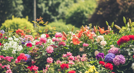 Vibrant flower garden in full bloom during the daytimeの写真素材