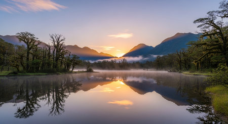 Calm lake with mountain reflection during sunrise landscapeの写真素材