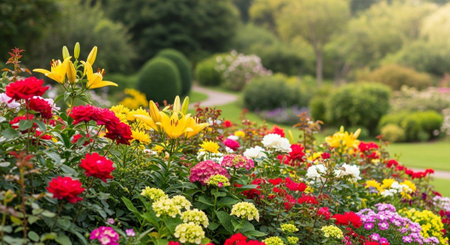 Vibrant flowerbed featuring lilies and roses in a gardenの写真素材