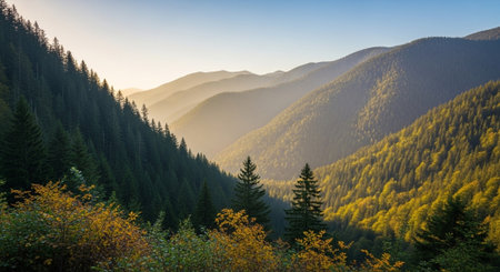 Layered mountain range with forest and morning sunlight backdrop