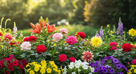Vibrant flower garden featuring lilies, roses and other bloomsの写真素材
