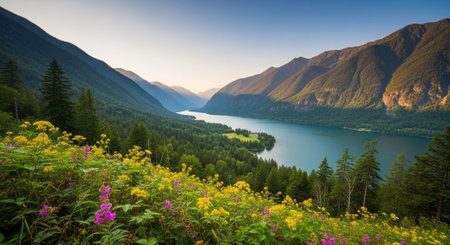 Serene mountain lake landscape with wildflowers at sunriseの写真素材