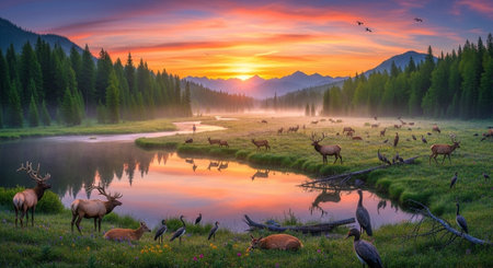 Elk and birds in nature scene at sunsetの写真素材