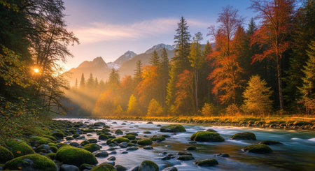 Mountain river at sunrise during autumn season with treesの写真素材
