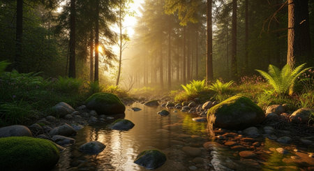 Sunlit forest river with mossy rocks and ferns
