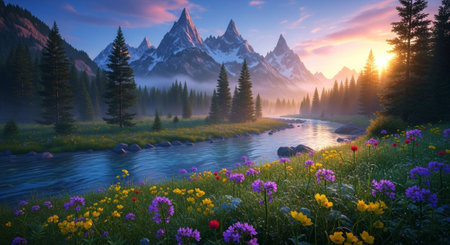 Scenic mountain landscape with river and meadow at sunsetの写真素材