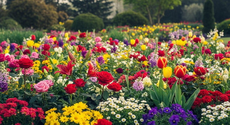Lush colorful flowerbed with roses tulips and lilies