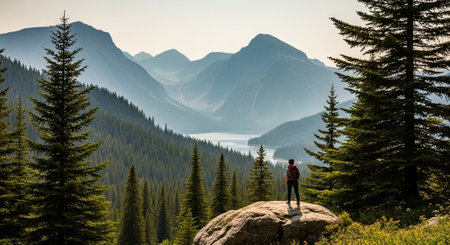 Hiker stands looking at mountains in the distance.の写真素材