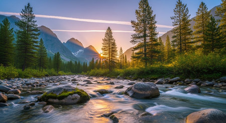 Mountain river at sunrise, landscape with trees and waterの写真素材