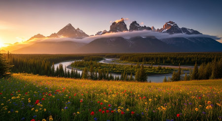 Scenic mountain landscape with wildflowers at sunrise or sunsetの写真素材