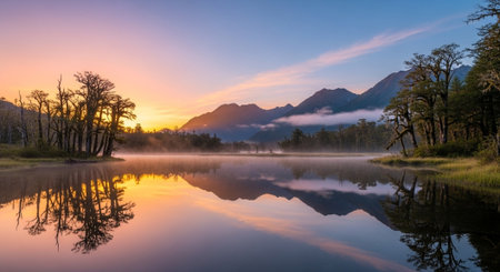 Reflections of mountains and trees in tranquil lake at sunriseの写真素材