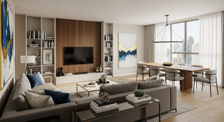 Modern living and dining room with contemporary design features