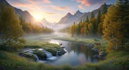 Autumn morning landscape with deer and winding riverの写真素材