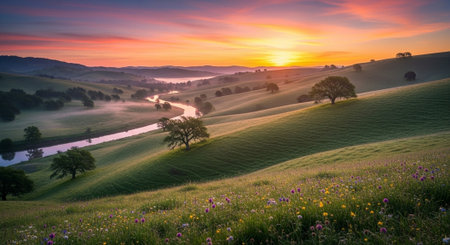 Rolling hills at dawn with a meandering river and wildflowers