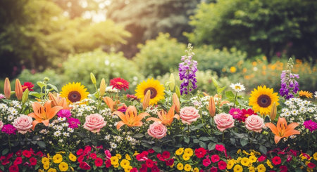 Colorful floral display with a variety of flowers in bloomの写真素材