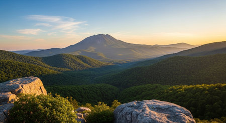 Scenic Mountain Range Landscape at Sunrise with Overlapping Hills