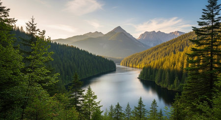 Tranquil mountain lake surrounded by evergreen forest at sunriseの写真素材