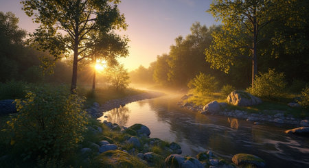Serene river flows through sunlit forest at dawnの写真素材
