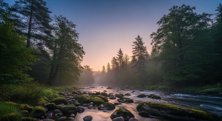 Scenic river flows through a foggy forest landscapeの写真素材