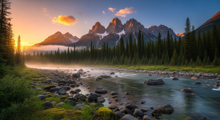 Majestic mountain river landscape at sunset with forestの写真素材