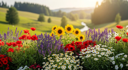 Blooming flowerbed with sunflowers, poppies, and lavender in landscapeの写真素材