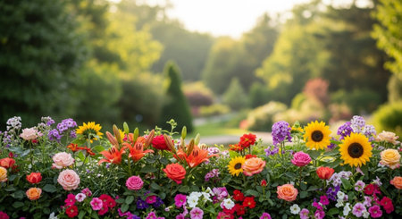 Abundant flowerbed bursting with color in a sunny gardenの写真素材
