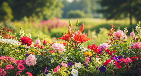 Floral garden with lilies roses and petunias in bloomの写真素材