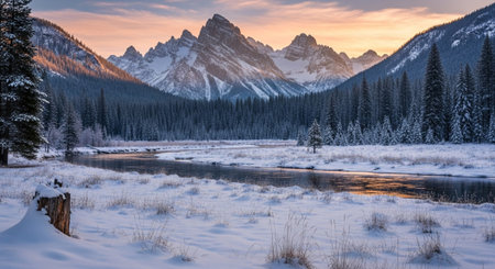 Winter mountain landscape with snow covered river and treesの写真素材