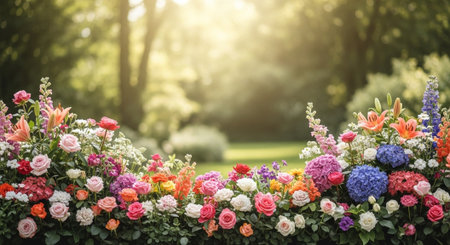 Floral display with blurred garden background bathed in sunlight