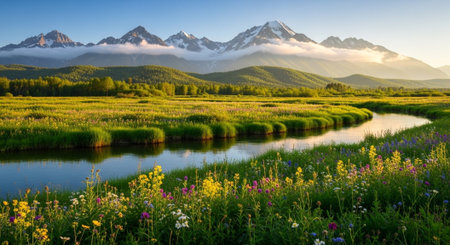 Scenic landscape with wildflowers, river, and snow-capped mountainsの写真素材