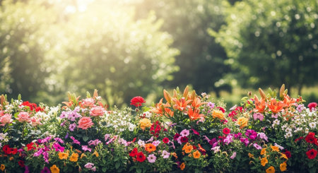 Colorful garden bed with vibrant flowers in full bloom