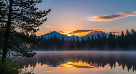Serene mountain lake reflecting sunrise amidst misty morning landscape