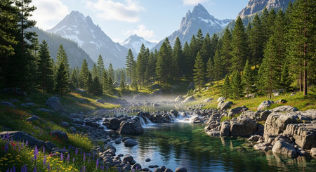 Majestic mountain landscape with river flowing through forest valley