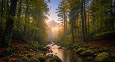 Autumn forest landscape with stream and mountain backdrop