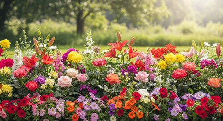Vibrant flower bed with colorful blossoms and green backdrop