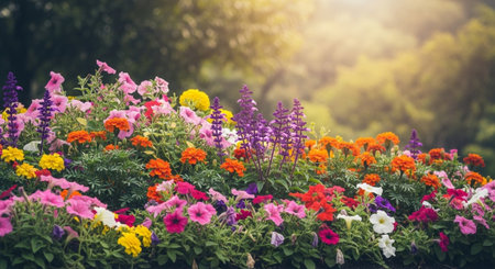 Vibrant colorful flowerbed with assorted blooms in natural sunlightの写真素材