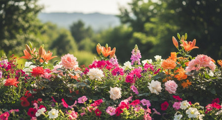 Colorful garden flowers blooming on a bright summer dayの写真素材