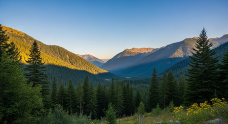 Majestic mountain landscape at sunrise with evergreen forestsの写真素材