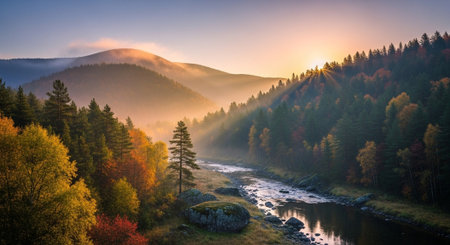 Sunrise over misty river landscape in autumn season