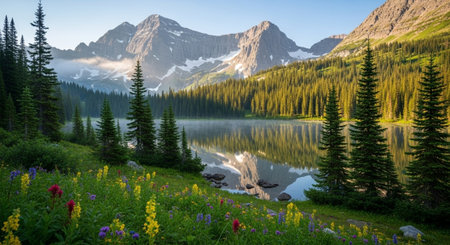 Mountain lake reflects scenery with wildflowers in foregroundの写真素材