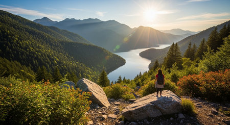 Woman hiking in mountains enjoying lake scenic view