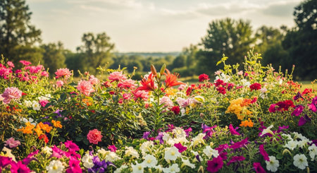 Vibrant flower garden at sunset, summertime, blooming landscape