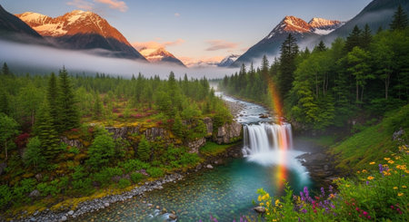 Majestic mountain waterfall with rainbow and vibrant forest