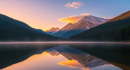 Sunrise lake reflection in the mountains with evergreen trees