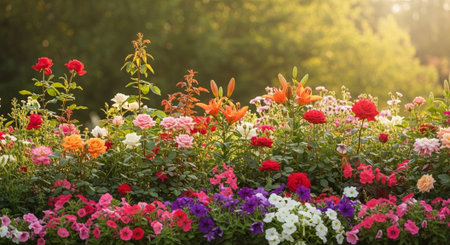 Abundance of colorful flowers in garden with sunlight