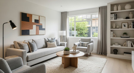 Modern living room interior with neutral tones and natural light