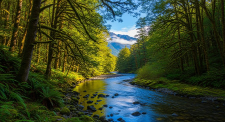 Scenic river flowing through lush green forest landscape